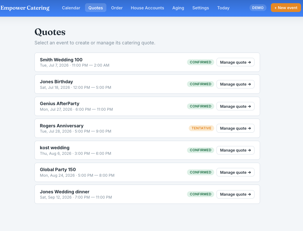 Empower Catering — Quotes: create and manage catering quotes by event