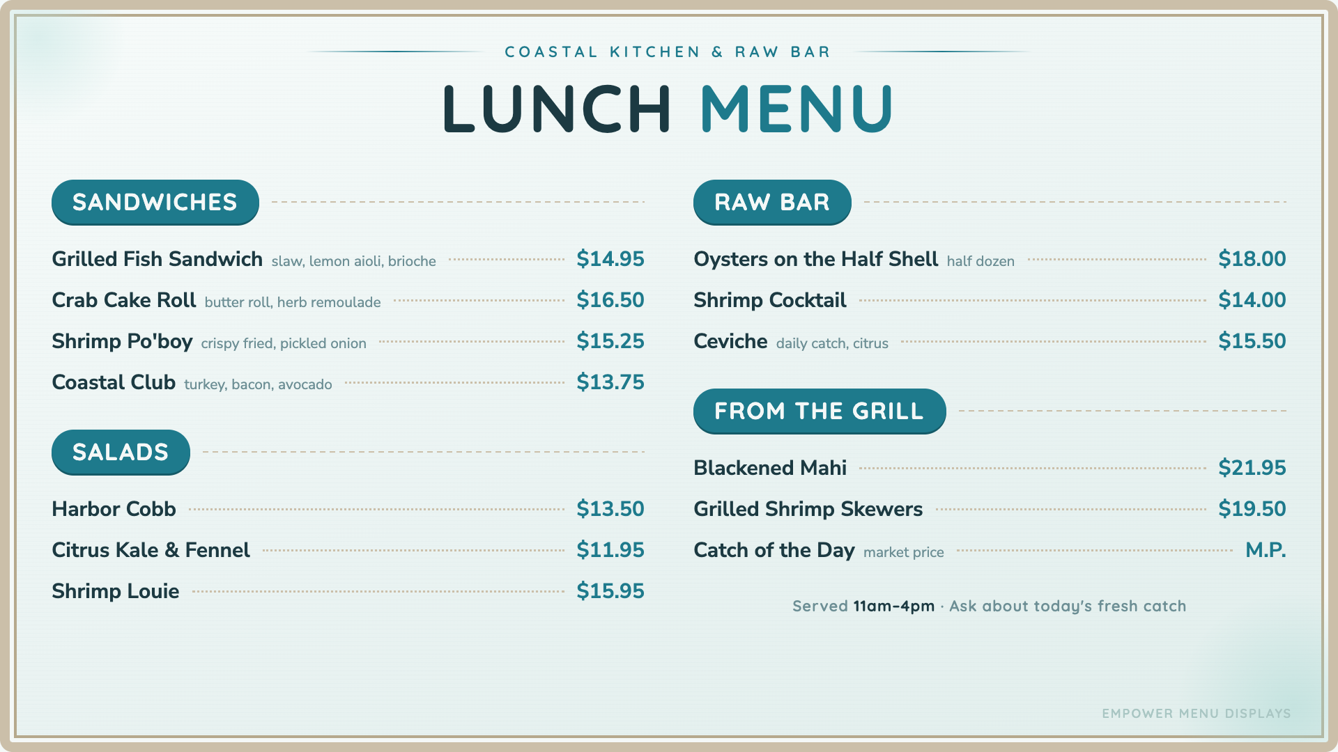 Coastal-theme digital menu board on screen