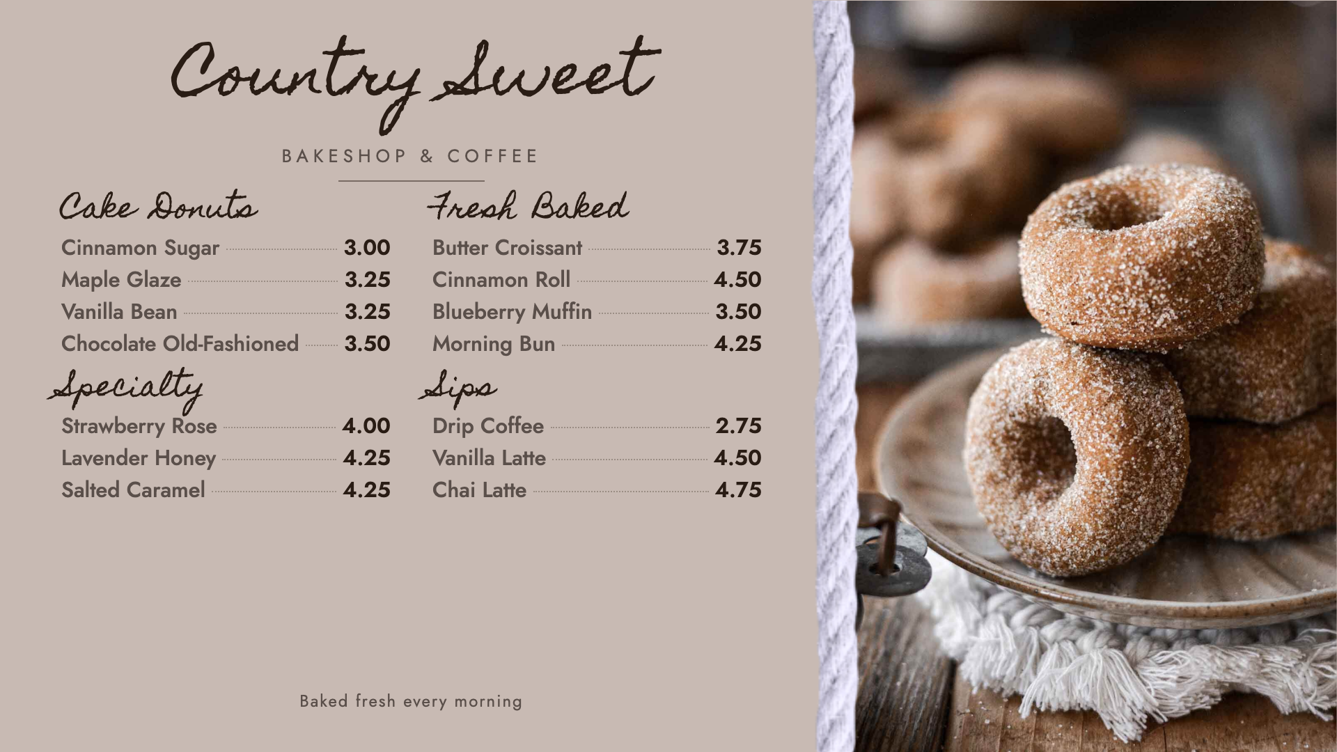Country Sweet-theme digital menu board on screen