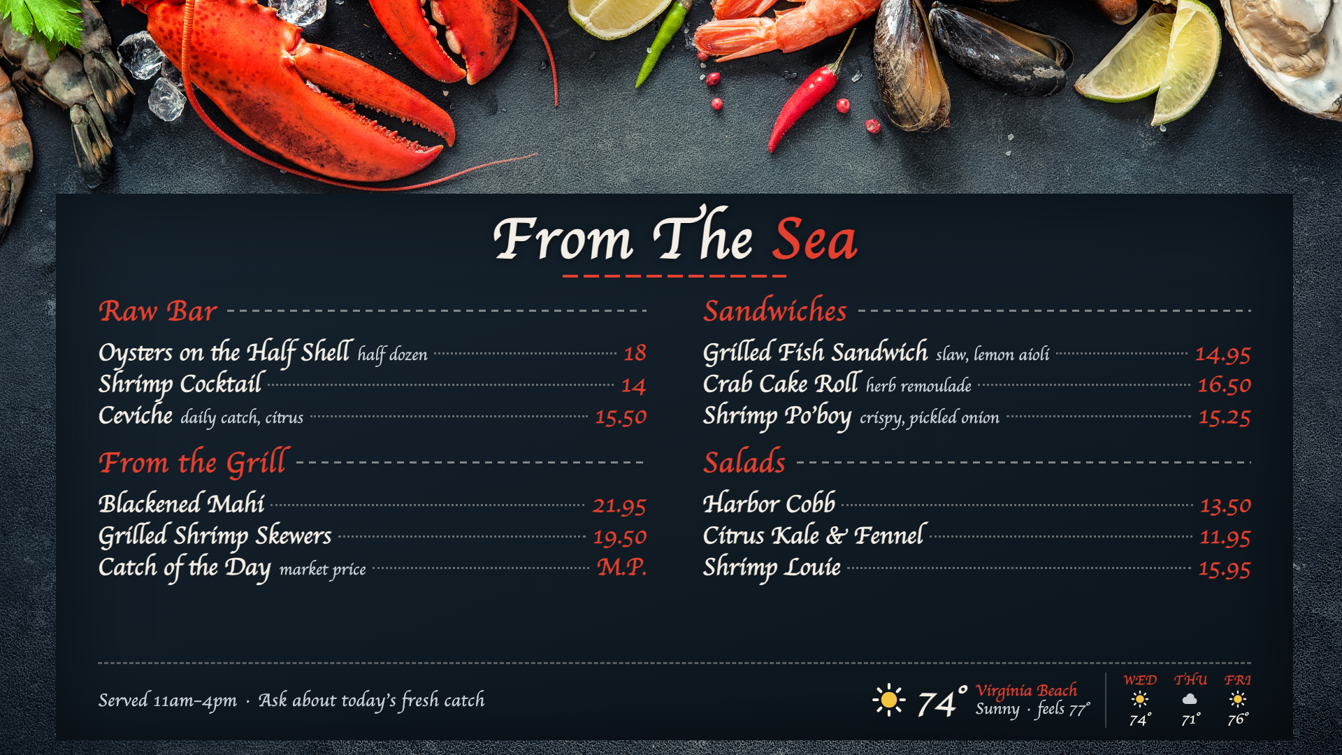 From the Sea-theme digital menu board on screen