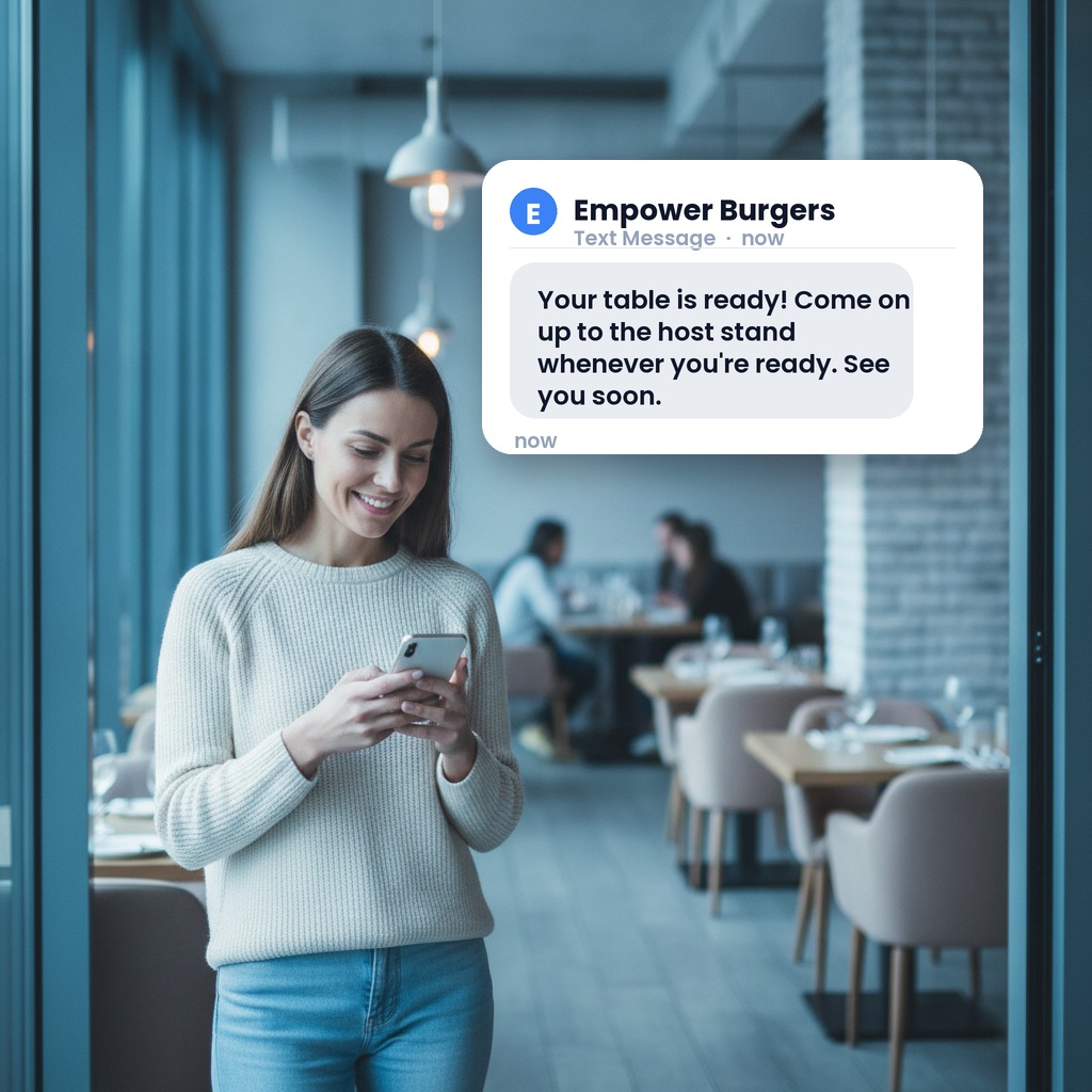 A guest smiling at a text that their table is ready
