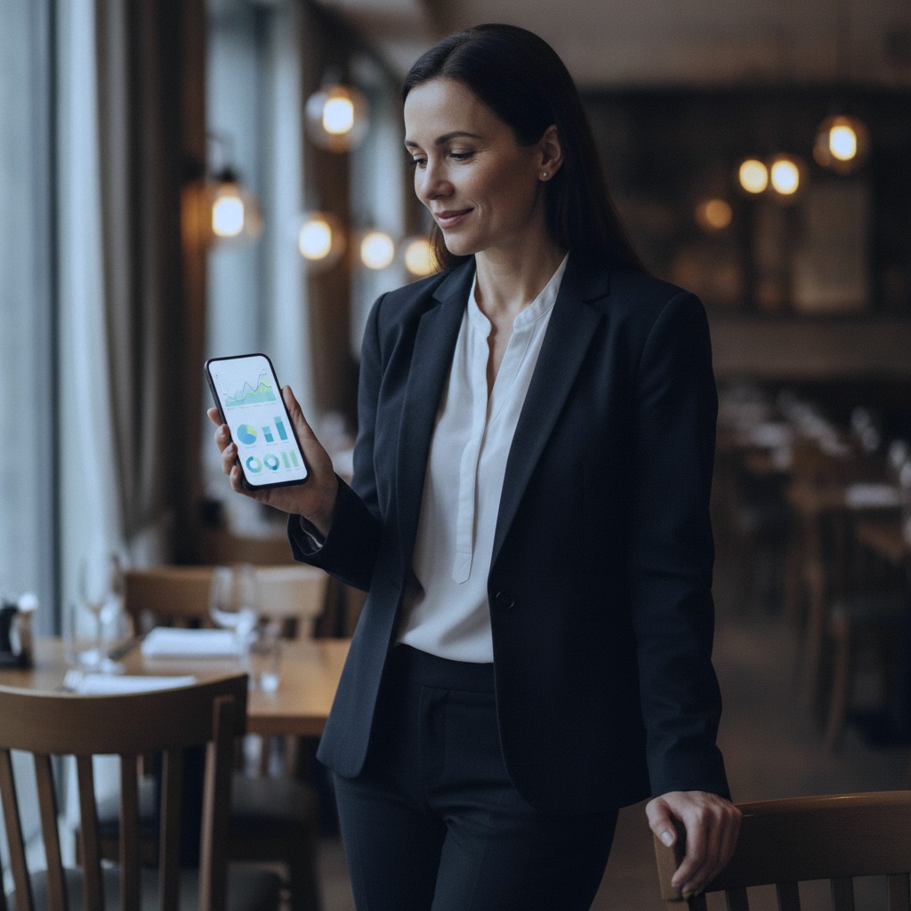 A restaurant manager checking live dashboard numbers on her phone during service